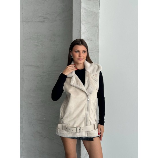 LAMINELI KUMAS ICI TUYLU DERI DETAY KEMERLI OVERSIZE YELEK 191903