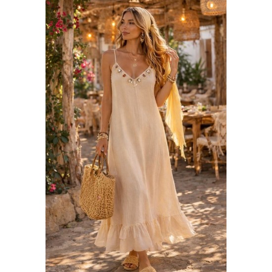 LINEN FABRIC SPAGHETTI STRAP LACE DETAIL DRESS 190658