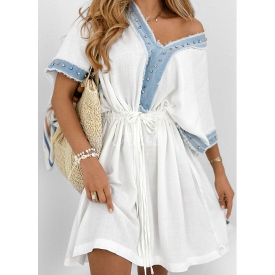 DENIM TRIM LINEN DRESS 190790
