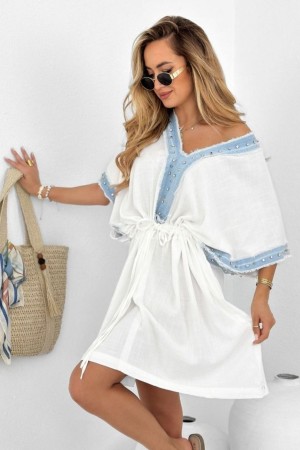 DENIM TRIM LINEN DRESS 190790