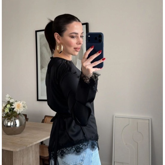 LACE DETAIL BACK TIE SATIN BLOUSE 190916
