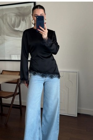 LACE DETAIL BACK TIE SATIN BLOUSE 190916