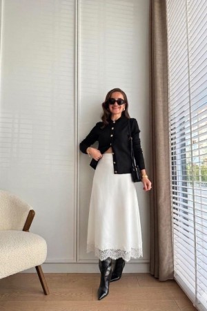 A-LINE ELASTIC WAIST LACE DETAIL SATIN SKIRT 190917