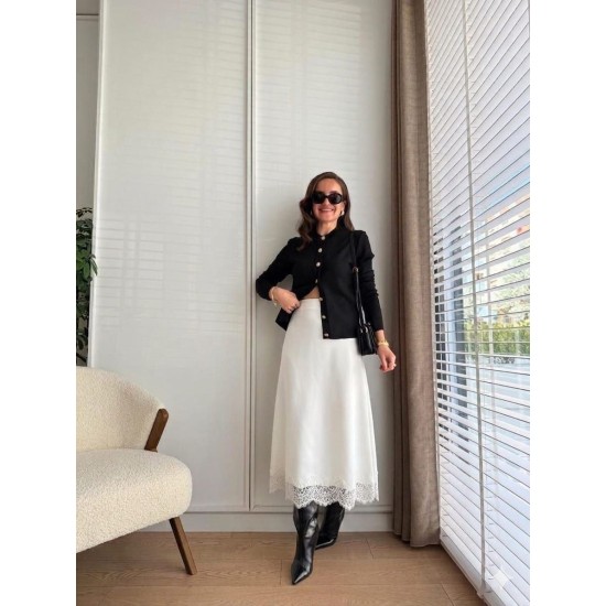 A-LINE ELASTIC WAIST LACE DETAIL SATIN SKIRT 190917