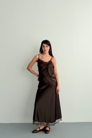 A-LINE ELASTIC WAIST LACE DETAIL SATIN SKIRT 190918