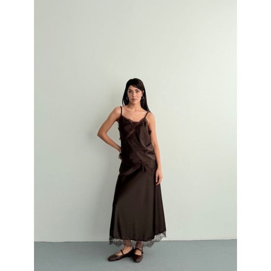 A-LINE ELASTIC WAIST LACE DETAIL SATIN SKIRT 190918