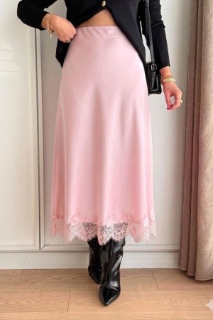 A-LINE ELASTIC WAIST LACE DETAIL SATIN SKIRT 190919