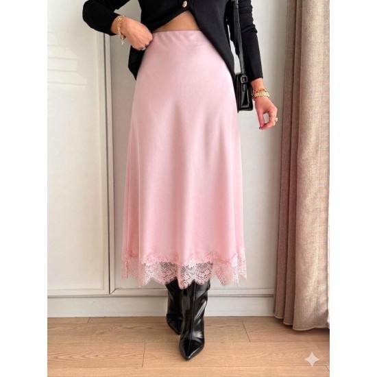A-LINE ELASTIC WAIST LACE DETAIL SATIN SKIRT 190919