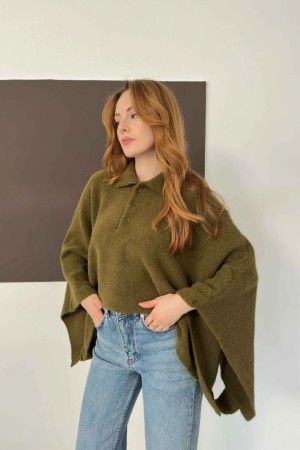 POLO COLLAR PONCHO STYLE KNIT SWEATER 192100