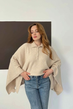 POLO COLLAR PONCHO STYLE KNIT SWEATER 192101