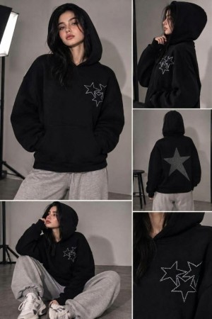 YILDIZ TAS DETAYLI KAPUSONLU 3 IPLIK SARDONLU SWEATSHIRT 192561