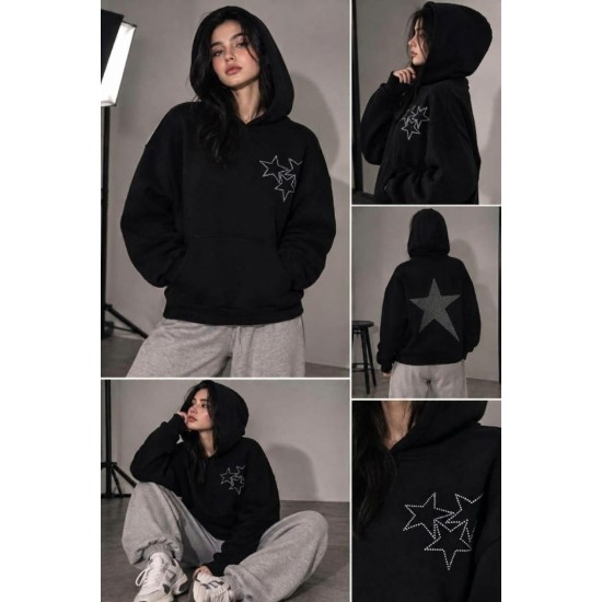 YILDIZ TAS DETAYLI KAPUSONLU 3 IPLIK SARDONLU SWEATSHIRT 192561