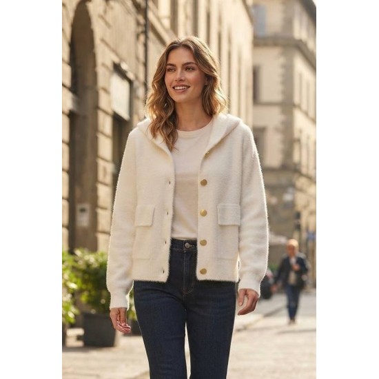 SOFT EYELASH YARN BUTTONED KNITTED CARDIGAN 192185