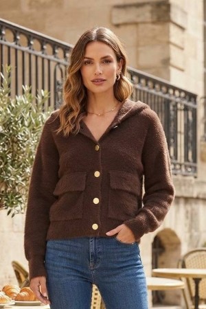 SOFT EYELASH YARN BUTTONED KNITTED CARDIGAN 192186
