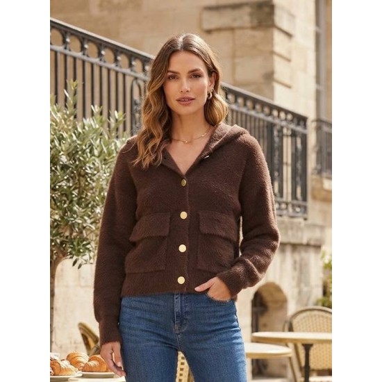 SOFT EYELASH YARN BUTTONED KNITTED CARDIGAN 192186