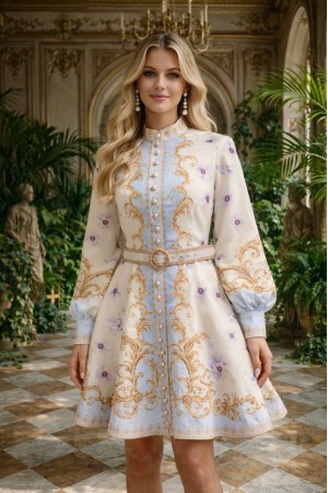 DESENLİ V YAKA KETEN ELBİSE 185952