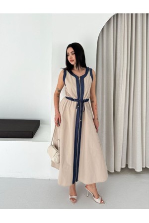 BEIGE DRESS WITH DENIM DETAIL 185916