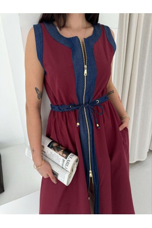 BURGUNDY DRESS WITH DENIM DETAIL 185917