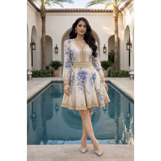 DESENLİ V YAKA KETEN ELBİSE 185951