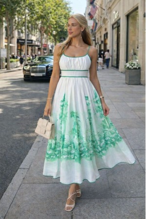 PALMİYE DESEN KETEN KUMAŞ ELBİSE 185980