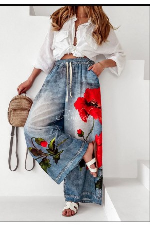 ÇİÇEK BASKILI JEANS EFEKTLİ PANTOLON 185986