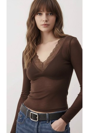 KAHVE BLUZ DANTEL YAKA 185745