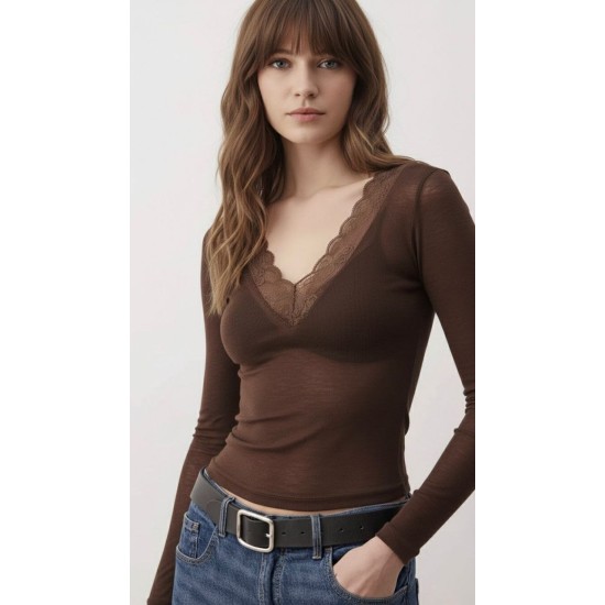 KAHVE BLUZ DANTEL YAKA 185744