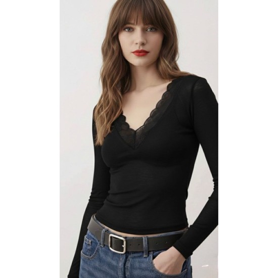 SİYAH BLUZ DANTEL YAKA 185743