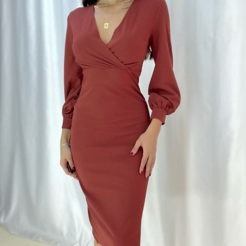 116244 TOPTAN KİREMİT ELBİSE toptan bayan giyim