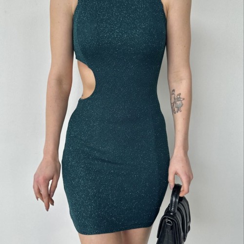 116258 TOPTAN ZÜMRÜT YEŞİL ELBİSE toptan bayan giyim