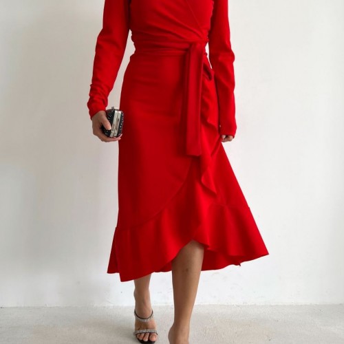 141946 TOPTAN KIRMIZI ELBİSE toptan bayan giyim