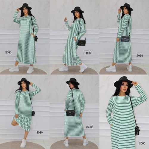 144311 TOPTAN ÇİZGİLİ ELBİSE toptan bayan giyim