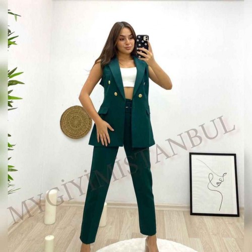 146881 TOPTAN ZÜMRÜT YEŞİL PANTOLON TAKIM toptan bayan giyim