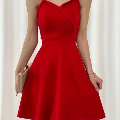 153252 TOPTAN KIRMIZI ELBİSE toptan bayan giyim