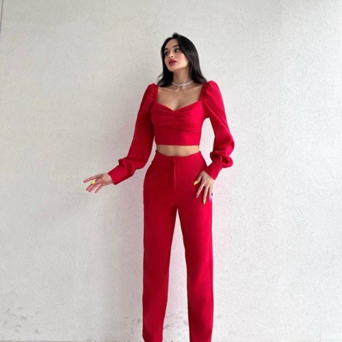 157499 TOPTAN KIRMIZI PANTOLON TAKIM toptan bayan giyim