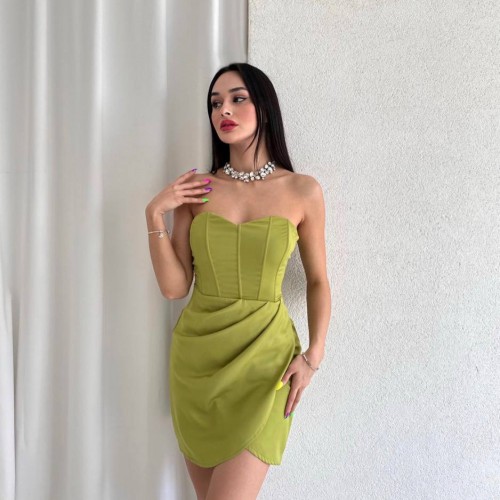 157505 TOPTAN FISTIK YEŞİLİ ELBİSE toptan bayan giyim