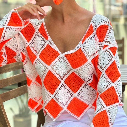 176582 TOPTAN TURUNCU BLUZ toptan bayan giyim