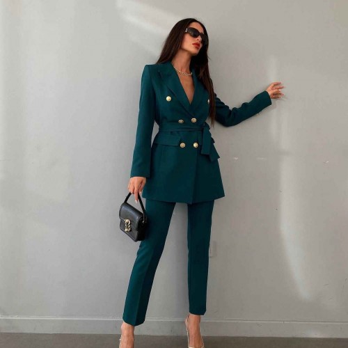 177246 TOPTAN ZÜMRÜT YEŞİL PANTOLON TAKIM toptan bayan giyim