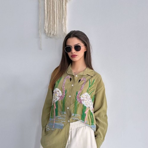 182475 TOPTAN YEŞİL GÖMLEK toptan bayan giyim