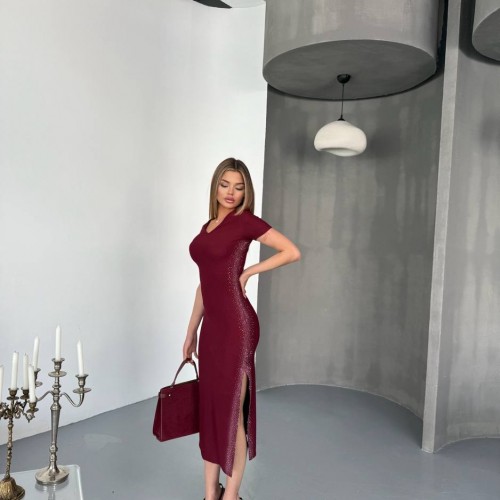 182785 TOPTAN BORDO ELBİSE toptan bayan giyim