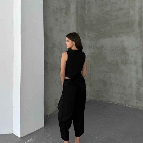 182917 TOPTAN SİYAH PANTOLON TAKIM toptan bayan giyim