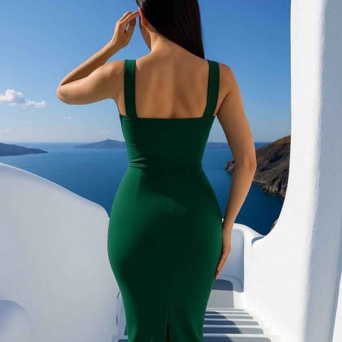 183465 TOPTAN ZÜMRÜT YEŞİL ELBİSE toptan bayan giyim