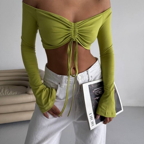 183739 TOPTAN YEŞİL CROP toptan bayan giyim