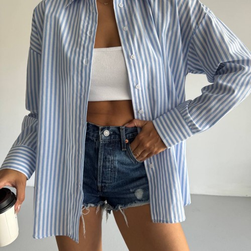 183826 TOPTAN ÇİZGİLİ GÖMLEK toptan bayan giyim