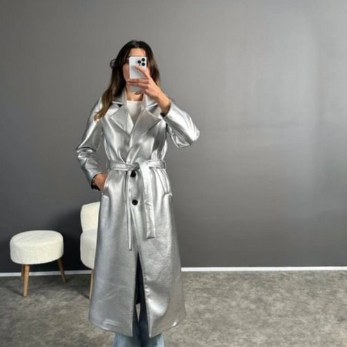 203163 TOPTAN GÜMÜŞ TRENÇKOT toptan bayan giyim