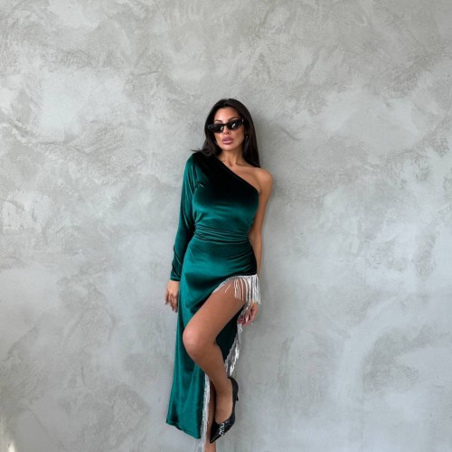 213884 TOPTAN ZÜMRÜT YEŞİL ELBİSE toptan bayan giyim