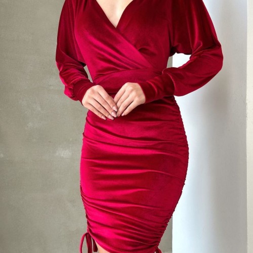 214013 TOPTAN BORDO ELBİSE toptan bayan giyim