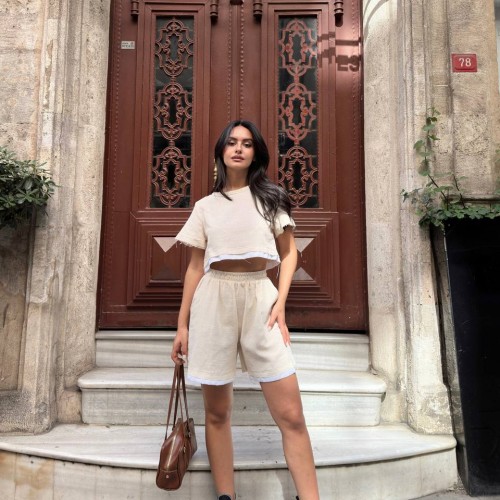 216527 TOPTAN KREM ŞORT TAKIM toptan bayan giyim