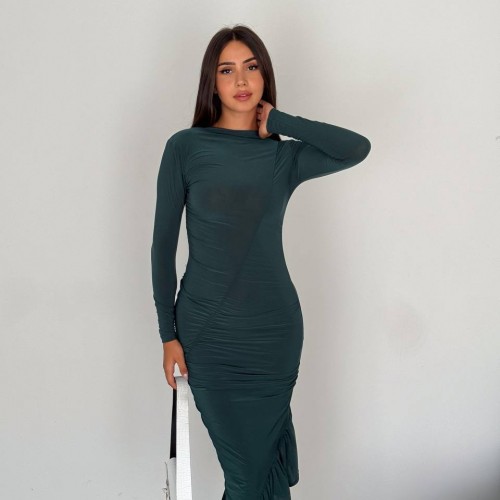 219957 TOPTAN ZÜMRÜT YEŞİL ELBİSE toptan bayan giyim