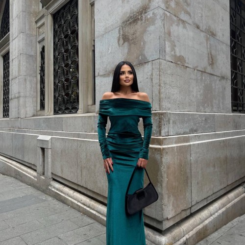 220049 TOPTAN ZÜMRÜT YEŞİL ELBİSE toptan bayan giyim